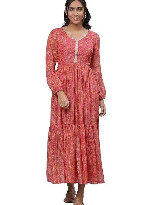 Aurelia Women's Cherries Jubilee Floral Printed Poly Georgette Lurex Flared Ankle Length Dress