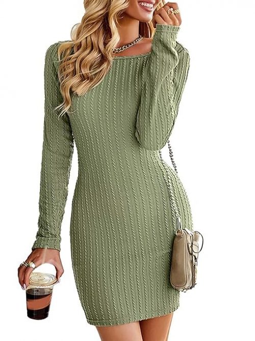 JUMZ Bodycon Dress, Skin Friendly Casual Round Neck Pleated Open Back Knitted Dress to Party Meeting L Green