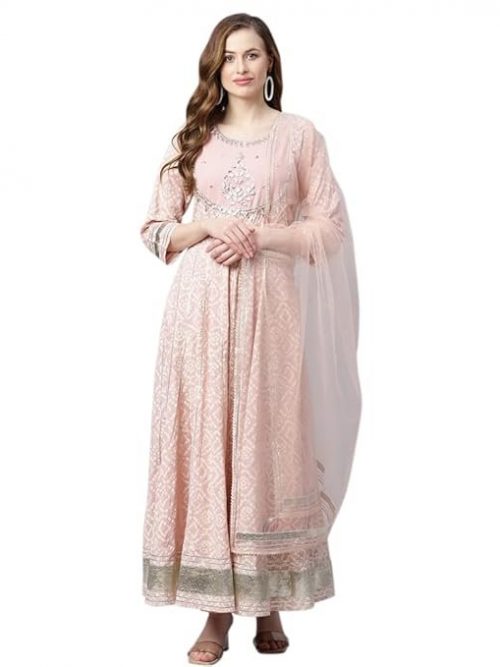 Divena Light Pink Cotton Anarkali Gown Pant set with Net Dupatta