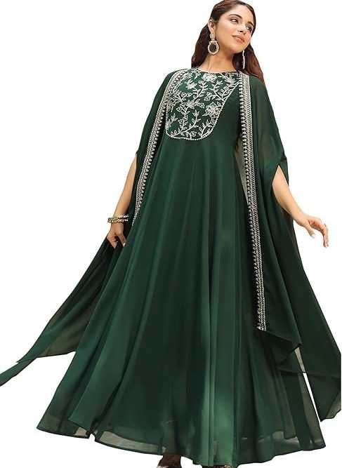 Janasya Women's Dark Green Georgette Embroidered Anarkali Dress with Cape