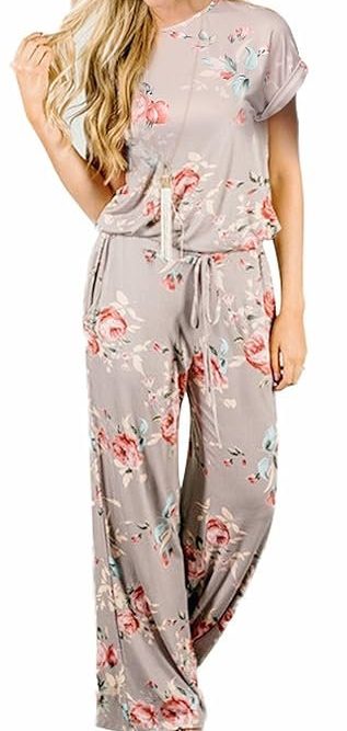 RichCoco Women's Floral Printed Jumpsuit Casual O Neck Loose Long Wide Legs Pants Jumpsuit Rompers with Pockets