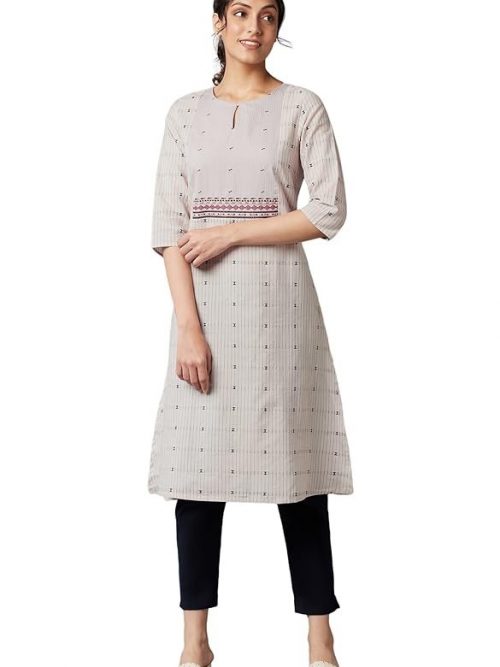 W for Woman Cotton Dobby Kurta with Embroidered Yoke for Women