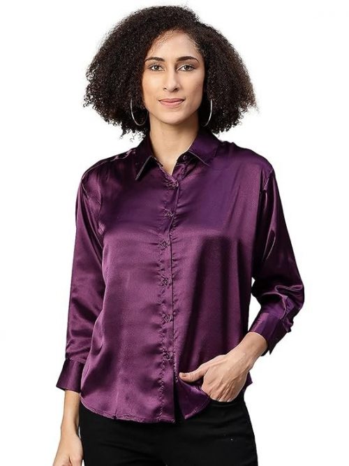 IVES Women's Setin 3/4 Sleeve Collared | A-Line Solid Regular Fit Shirt Top (Purple)