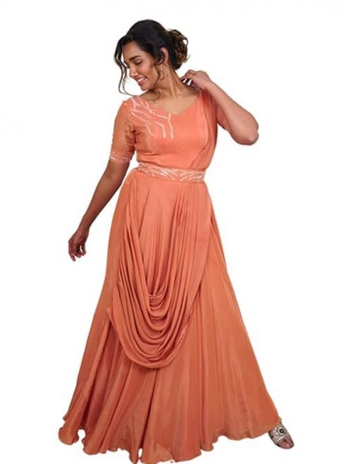 Avy's Label Cotton Crepe Jumpsuit Premium Rust Orange Crepe Jumpsuit with Pre Draped Georgette Dupatta and Maggam Work Belt_ (Rust Orange, 36)
