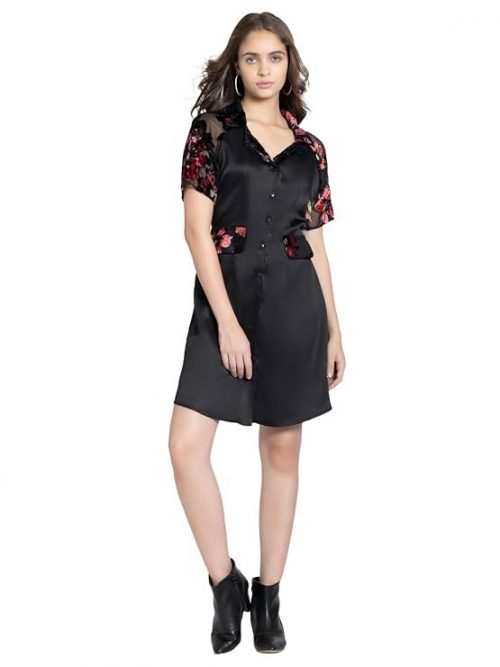SHAYE Notch Lapel Collar Black Printed Short Sleeves Party Shirt Dress for Women