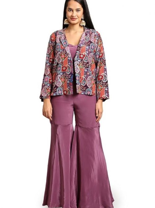 Anytime Couture 3-Piece Ethnic Set, Multicolour Paisley Print Jacket with Purple Crop Top and Flared Trousers