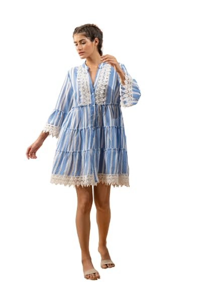 LABEL REYYA Midi Dress for Women V Neck Tiered Stripped Dress Flared Sleeve A Line Blue Strip Shirt Relaxed Fit Casual Dress for Girls