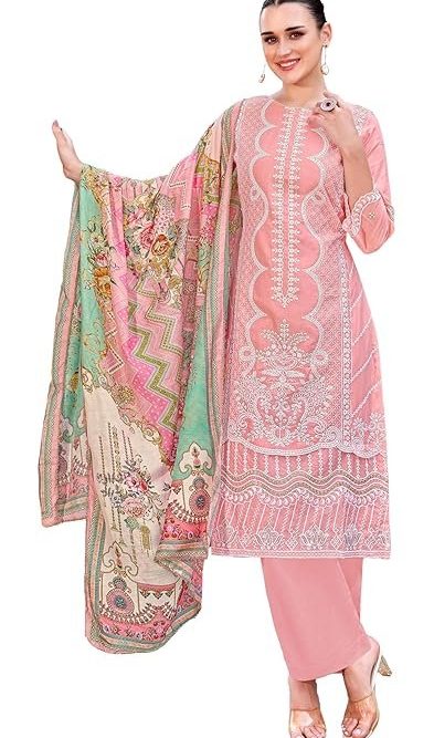 DRAVINAM Trends Women's Exquisite Unstitched Viscose Cambric Lawn Cotton Suit Dress Material with Embroidered Daman & Sleeves | Stylish Pure Cotton Digital Print Dupatta & Solid Bottoms