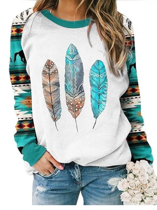 Womens Long Sleeve Shirts Western Aztec Print Fit Tops Fall Casual Fashion Round Neck Blouses
