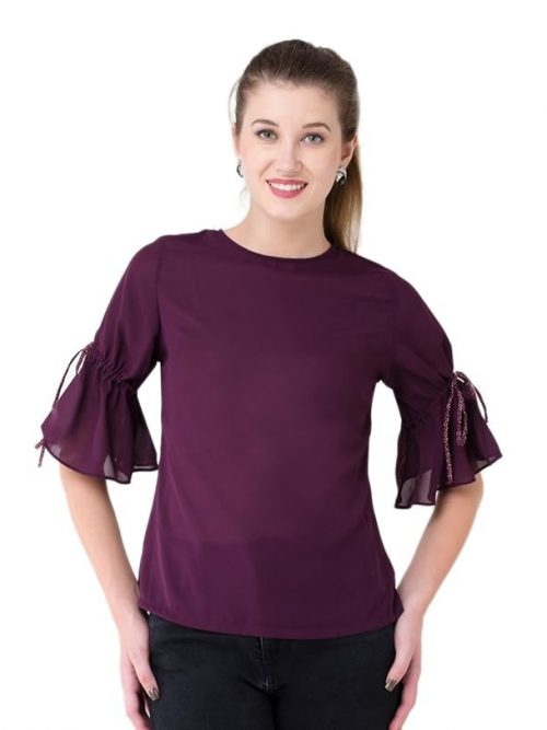 V&M Women’s Purple Solid Casual Top | Designer 3/4 Tie-Up Sleeve Blouse | Regular Fit Polyester Top for Office, Vacation, Party, Daily Use
