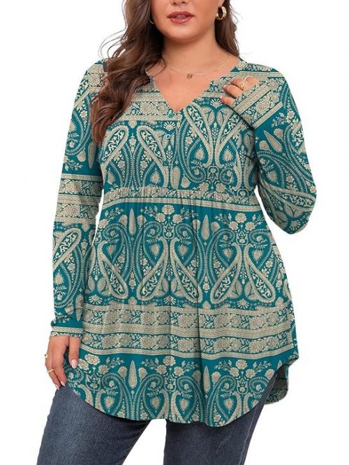 SHIJIALI Women's Plus Size Henley Shirts V Neck Button Tunic Tops Casual Long Sleeve Swing Flowy Blouse
