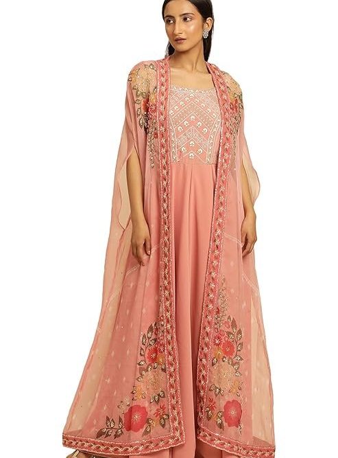 W for Woman Wishful Pink Festive Solid Print Organza Cape & Dress