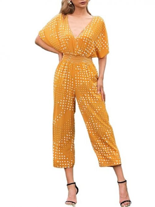 Women Wide Legs Rompers Dot Printed Half Sleeve High Waist Casual Holiday Jumpsuits-Layfoo