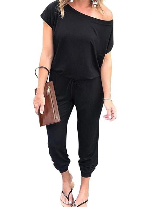 PRETTYGARDEN Women Casual Short Sleeve One Shoulder Solid Waisted Long Jumpsuit Romper Black