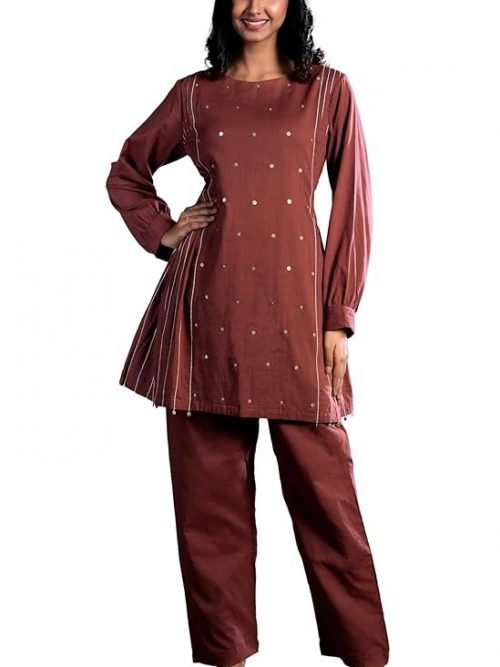 Avaan Cotton Cord Set Dress for Women, Cord Dress for Women Stylish, Rust Color Dress for Women, Straight Tunic with Trousers