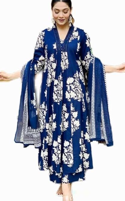 Women's Jaipur Hand Block Print Navy Blue Kurta and Pant Set with Printed Dupatta (New Launch, Comfortable Cotton Fabric, Festive, Size)