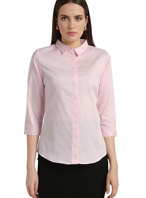 Van Heusen Women's Regular Fit Solid 3/4 Sleeve 100% Cotton Shirt