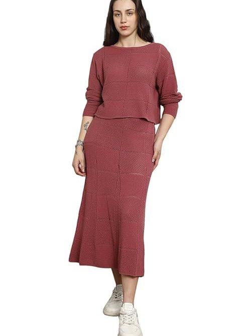 HIGH STAR Women Summer Cotton Long Sleeves Round Neck Top & Skirt Co-Ords Pink