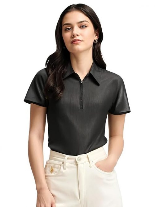 Mack Jonney Ribbed |Regular Fit | Half Sleeves 100% Cotton Polo Neck Self Design with Zip T-Shirt for Women-M919