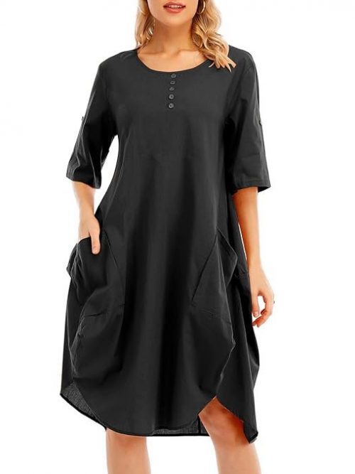 Belity Women Tunic Dress Roll-up Short Sleeve Comfortable Cotton Pockets Irregular Hem Solid Baggy Midi Dress