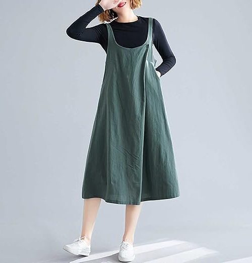 Homgee Women Cotton Linen Pinafore Midi Dress Wide Straps Buttoned Chest Pockets Open Back A Line Casual Loose Overall Dress, Medium, Green