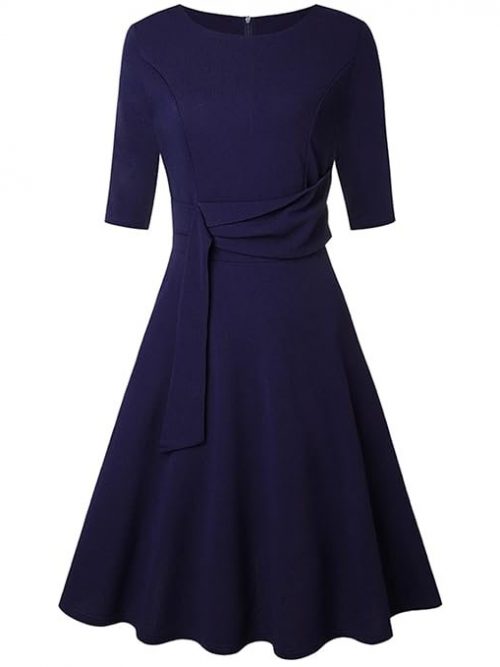 Janzoom Women Round Neck Dress, Elegant Flowy Hem Slim Fit Tie Waist Dress Half Sleeve for Women for Dating for Vacation XL Purplish Blue