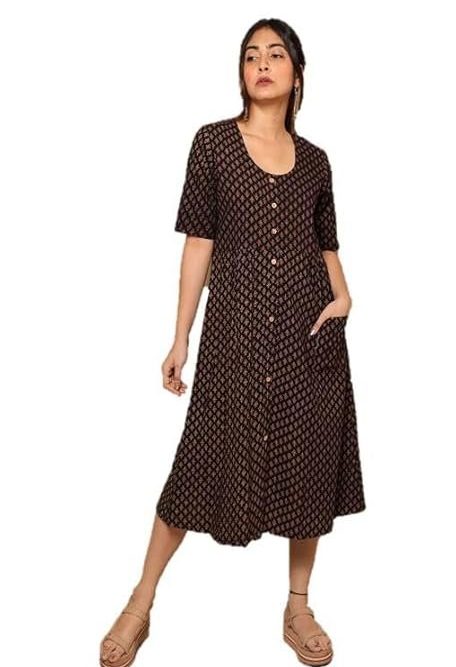 Gleamberry Women's Black Ajrakh Cotton Dress Unique Design and Timeless Style for Every Occasion