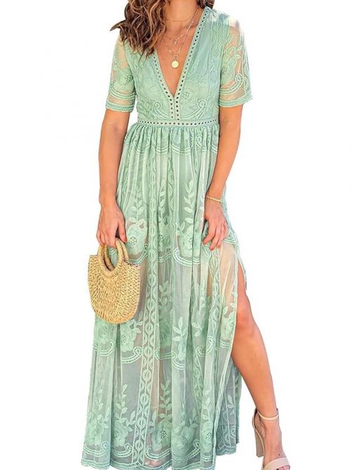 MERMAID'S CLOSET Women's Casual Off Shoulder Lace Maxi Dress Boho White Bridesmaid Wedding Evening Party Dresses