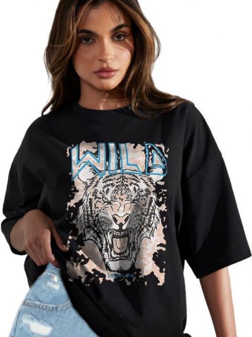 Women Printed, Typography Round Neck Cotton Blend Black T-Shirt