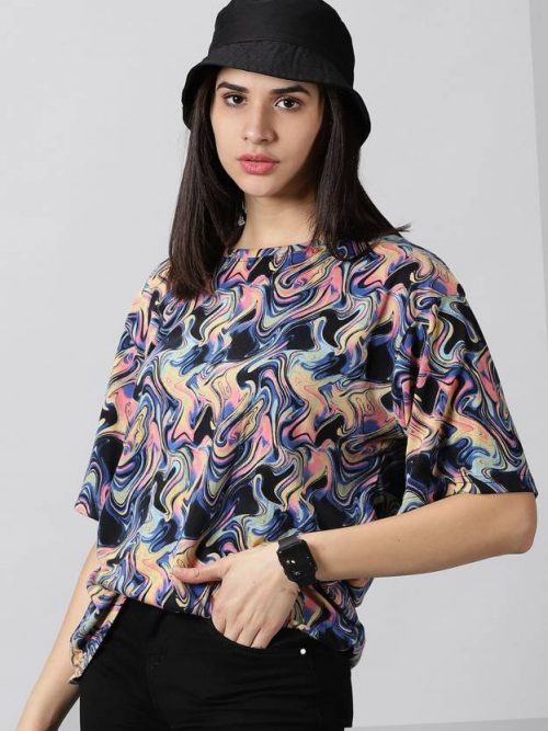 Women Printed Round Neck Pure Cotton Multicolor T-Shirt