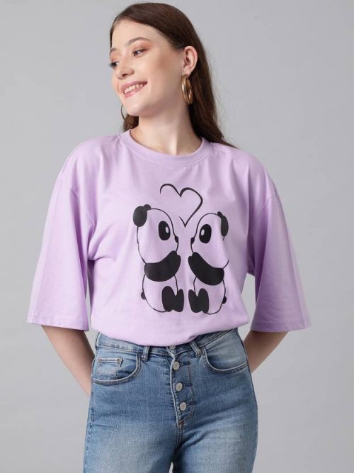 Women Printed, Typography Round Neck Cotton Blend Purple T-Shirt