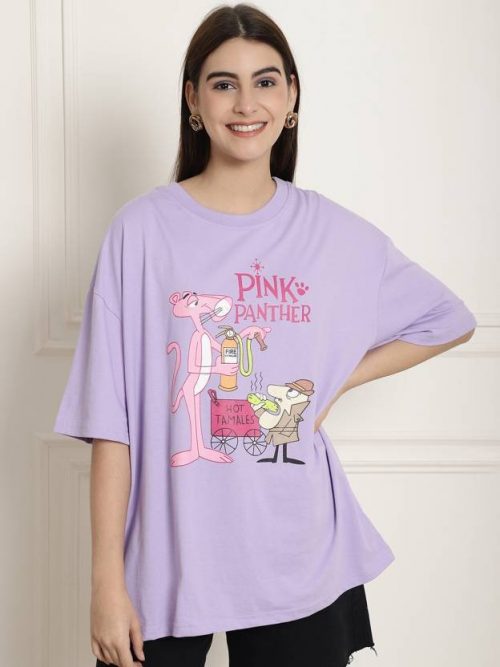 Women Graphic Print Round Neck Cotton Blend Purple T-Shirt